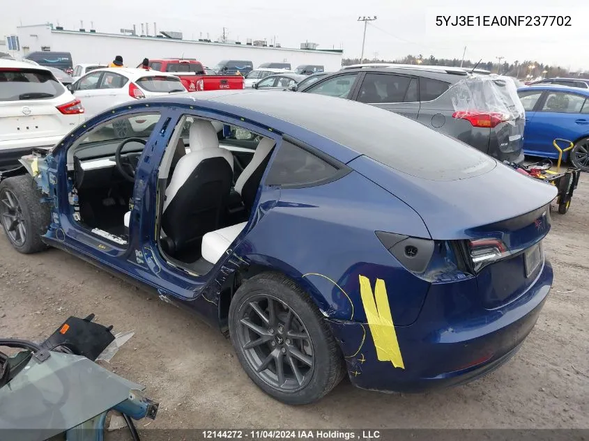 2022 Tesla Model 3 VIN: 5YJ3E1EA0NF237702 Lot: 12144272