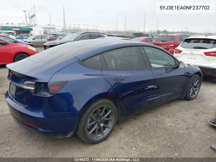 2022 Tesla Model 3 VIN: 5YJ3E1EA0NF237702 Lot: 12144272