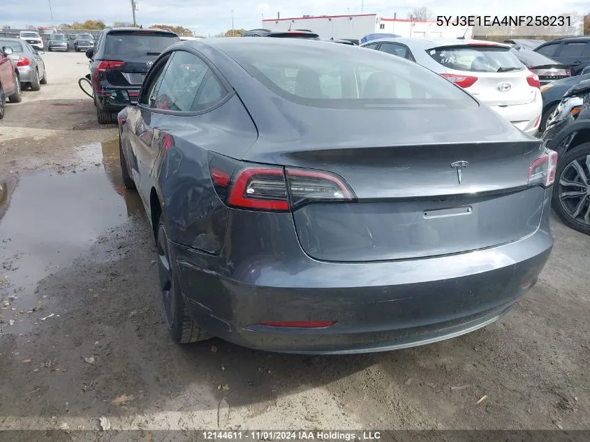 2022 Tesla Model 3 VIN: 5YJ3E1EA4NF258231 Lot: 12144611