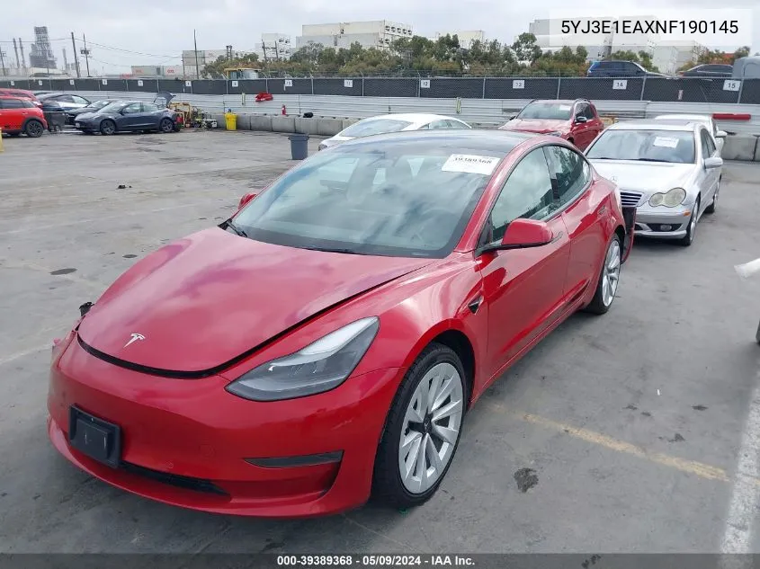 2022 Tesla Model 3 Rear-Wheel Drive VIN: 5YJ3E1EAXNF190145 Lot: 39389368