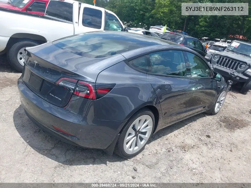 2022 Tesla Model 3 Long Range Dual Motor All-Wheel Drive VIN: 5YJ3E1EB9NF263112 Lot: 39468724