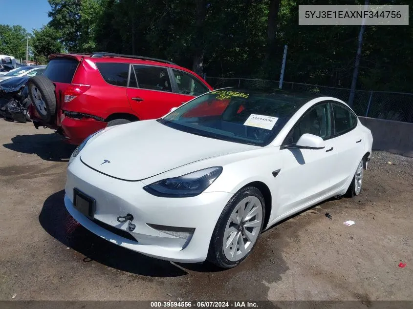 2022 Tesla Model 3 Rear-Wheel Drive VIN: 5YJ3E1EAXNF344756 Lot: 39594556