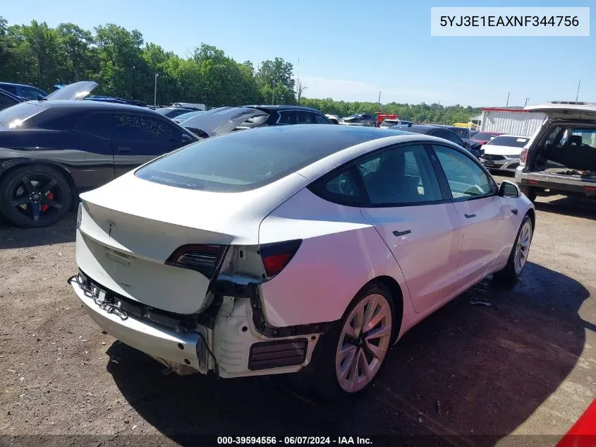 2022 Tesla Model 3 Rear-Wheel Drive VIN: 5YJ3E1EAXNF344756 Lot: 39594556