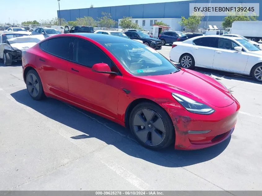 2022 Tesla Model 3 Long Range Dual Motor All-Wheel Drive VIN: 5YJ3E1EB0NF139245 Lot: 39625278