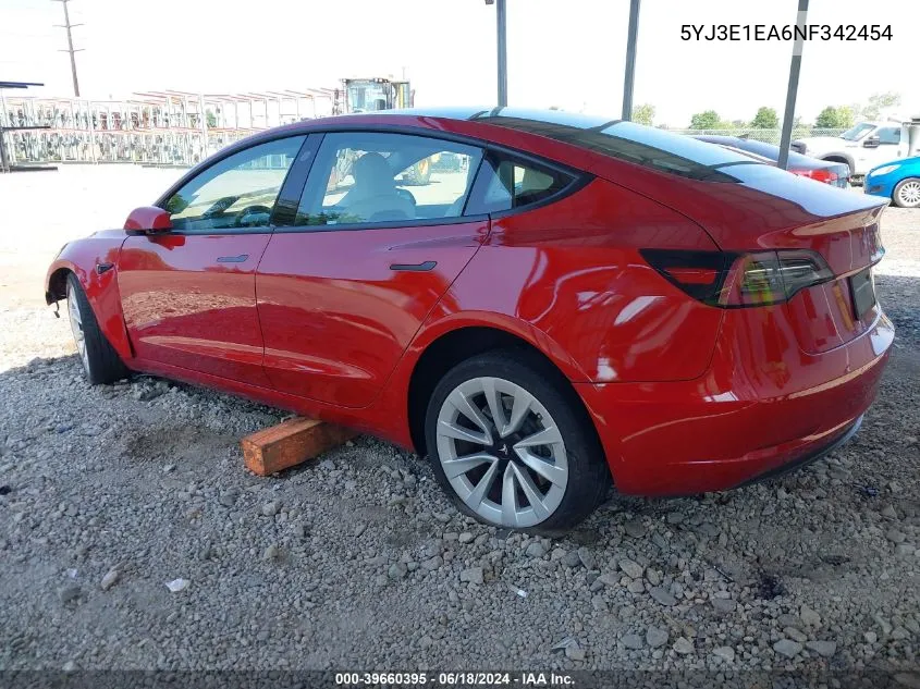 2022 Tesla Model 3 Rear-Wheel Drive VIN: 5YJ3E1EA6NF342454 Lot: 39660395