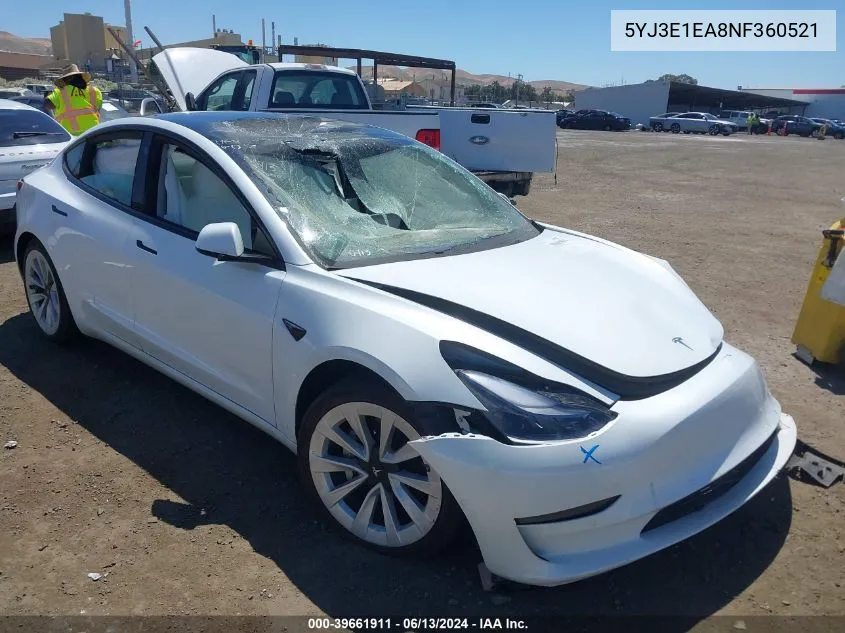 2022 Tesla Model 3 Rear-Wheel Drive VIN: 5YJ3E1EA8NF360521 Lot: 39661911