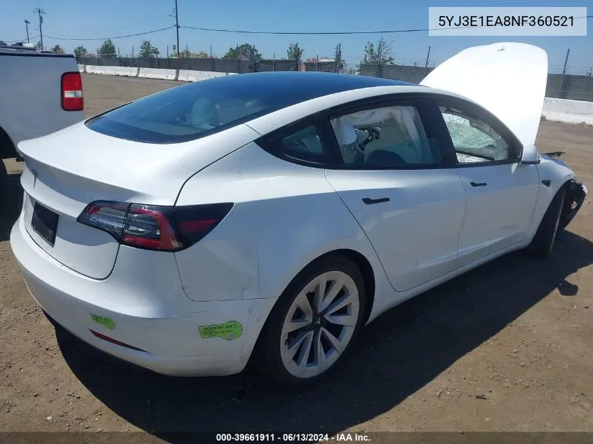 2022 Tesla Model 3 Rear-Wheel Drive VIN: 5YJ3E1EA8NF360521 Lot: 39661911