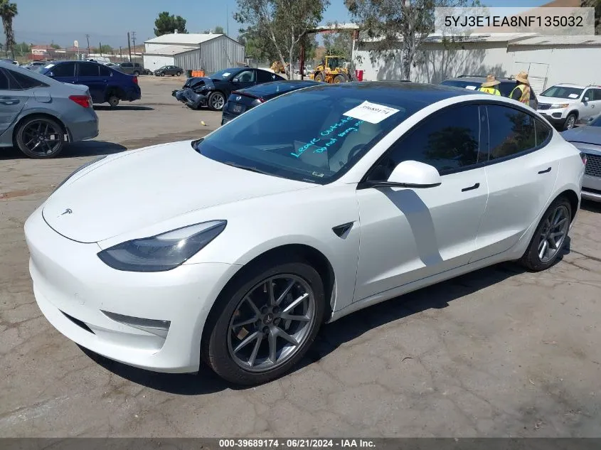 2022 Tesla Model 3 Rear-Wheel Drive VIN: 5YJ3E1EA8NF135032 Lot: 39689174