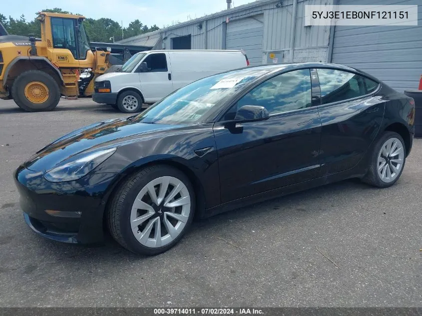 2022 Tesla Model 3 Long Range Dual Motor All-Wheel Drive VIN: 5YJ3E1EB0NF121151 Lot: 39714011