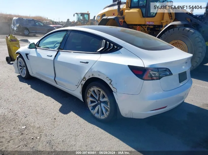 2022 Tesla Model 3 Rear-Wheel Drive VIN: 5YJ3E1EA4NF154404 Lot: 39740881