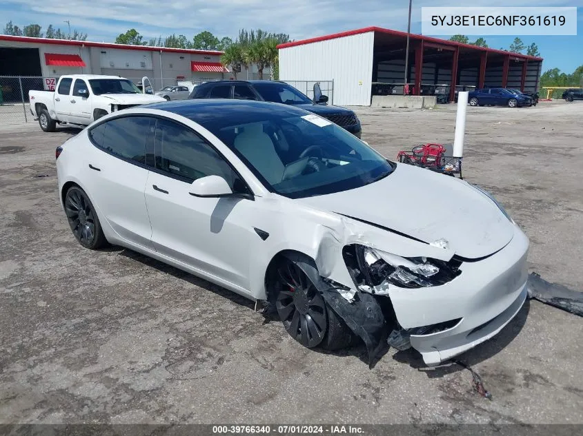 2022 Tesla Model 3 Performance Dual Motor All-Wheel Drive VIN: 5YJ3E1EC6NF361619 Lot: 39766340