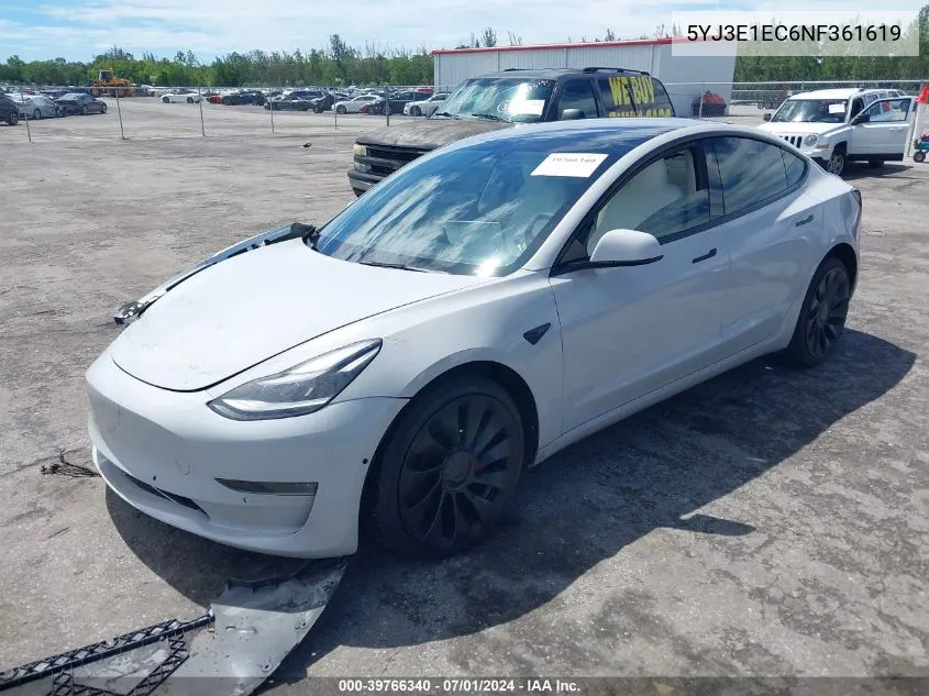 2022 Tesla Model 3 Performance Dual Motor All-Wheel Drive VIN: 5YJ3E1EC6NF361619 Lot: 39766340