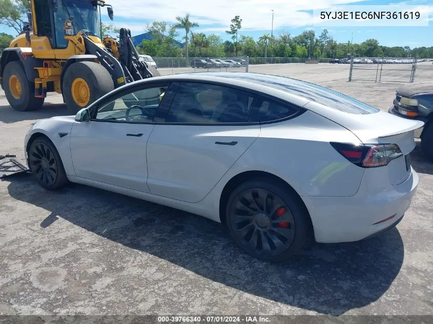 2022 Tesla Model 3 Performance Dual Motor All-Wheel Drive VIN: 5YJ3E1EC6NF361619 Lot: 39766340