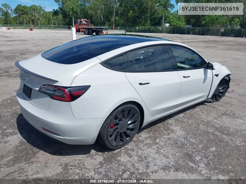 2022 Tesla Model 3 Performance Dual Motor All-Wheel Drive VIN: 5YJ3E1EC6NF361619 Lot: 39766340