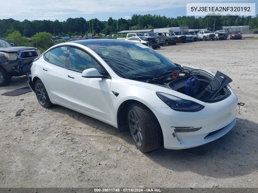 2022 Tesla Model 3 Rear-Wheel Drive VIN: 5YJ3E1EA2NF320192 Lot: 39811749