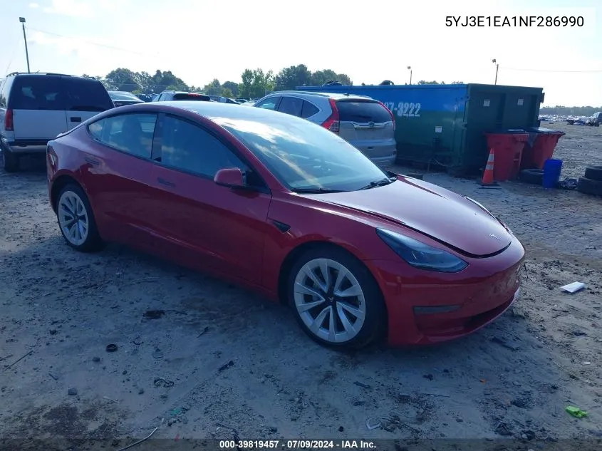 2022 Tesla Model 3 Rear-Wheel Drive VIN: 5YJ3E1EA1NF286990 Lot: 39819457