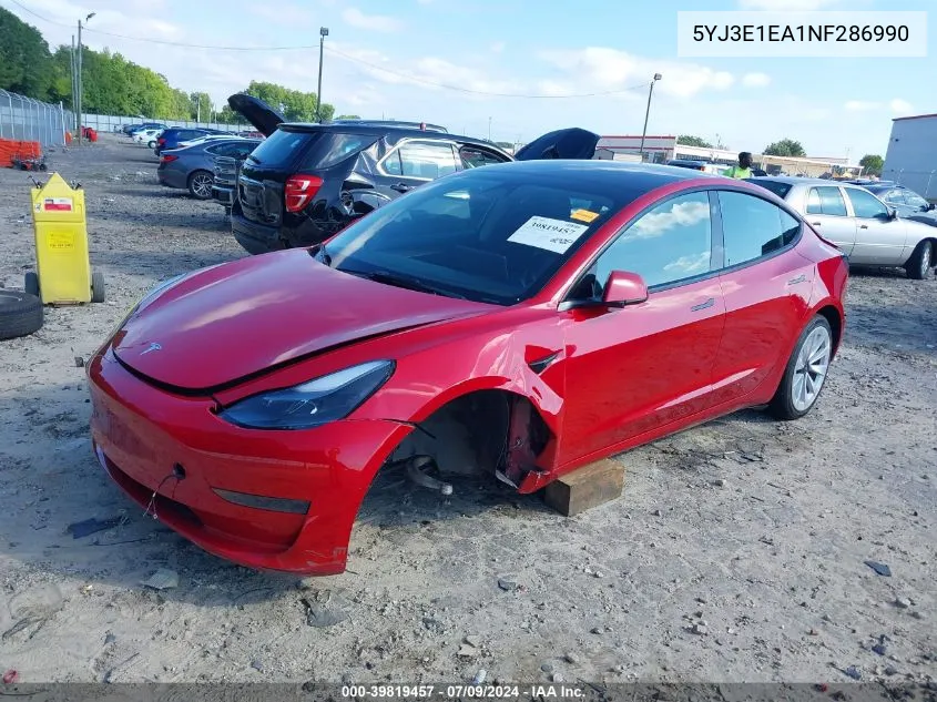 2022 Tesla Model 3 Rear-Wheel Drive VIN: 5YJ3E1EA1NF286990 Lot: 39819457