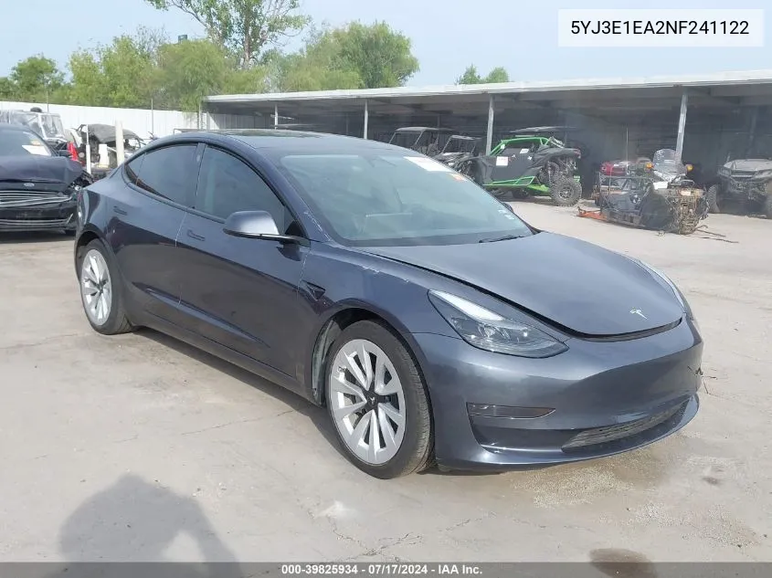 2022 Tesla Model 3 Rear-Wheel Drive VIN: 5YJ3E1EA2NF241122 Lot: 39825934