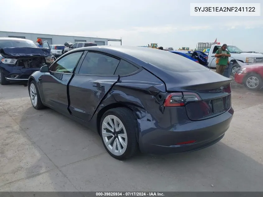 2022 Tesla Model 3 Rear-Wheel Drive VIN: 5YJ3E1EA2NF241122 Lot: 39825934