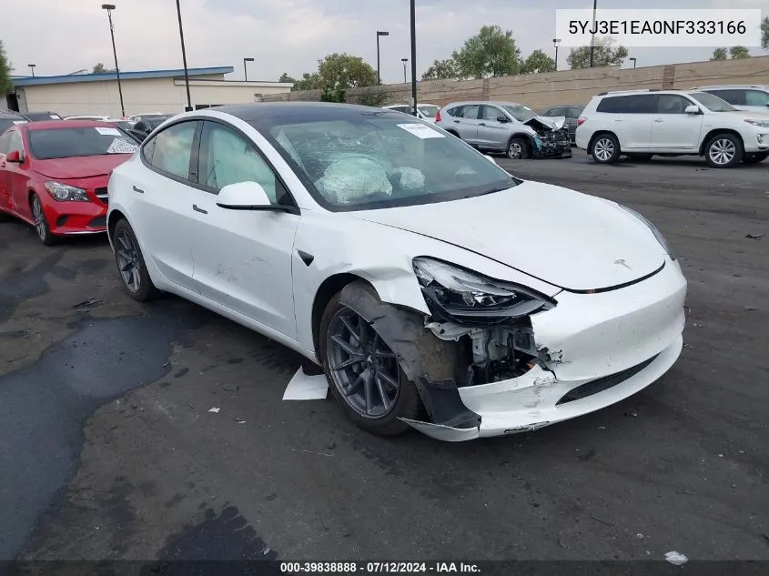 2022 Tesla Model 3 Rear-Wheel Drive VIN: 5YJ3E1EA0NF333166 Lot: 39838888