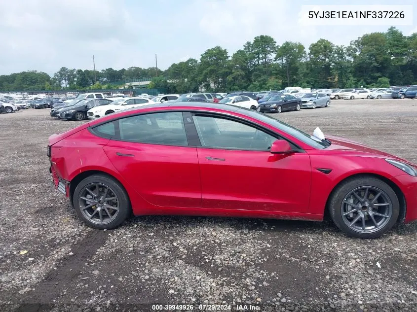 2022 Tesla Model 3 Rear-Wheel Drive VIN: 5YJ3E1EA1NF337226 Lot: 39949926