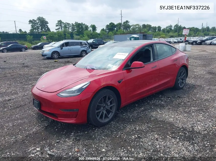 2022 Tesla Model 3 Rear-Wheel Drive VIN: 5YJ3E1EA1NF337226 Lot: 39949926