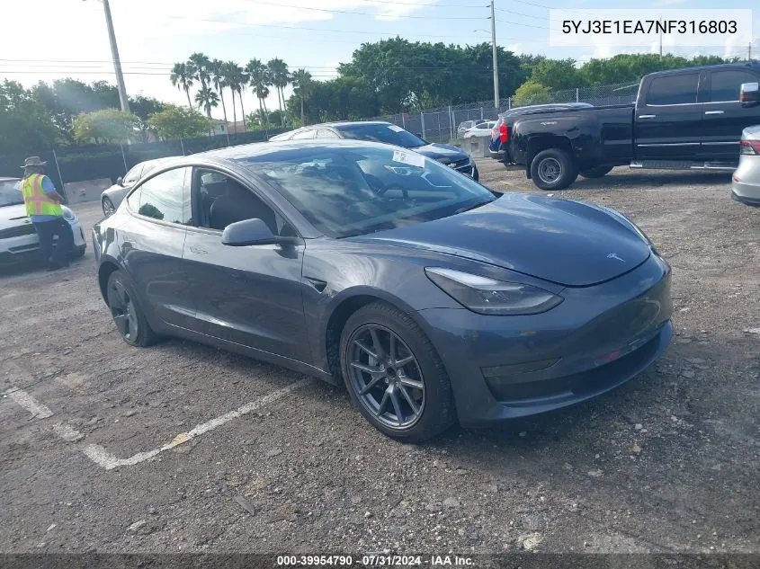 2022 Tesla Model 3 Rear-Wheel Drive VIN: 5YJ3E1EA7NF316803 Lot: 39954790