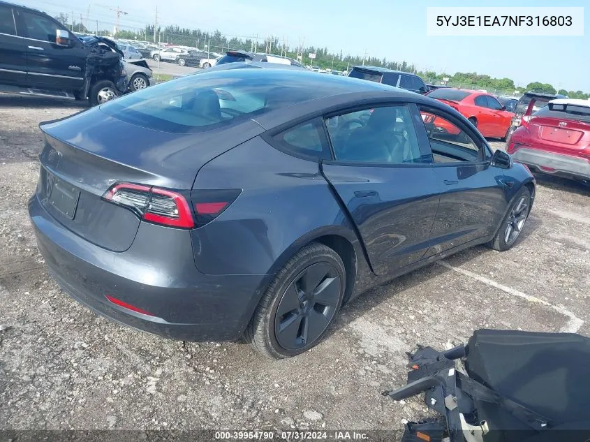 2022 Tesla Model 3 Rear-Wheel Drive VIN: 5YJ3E1EA7NF316803 Lot: 39954790