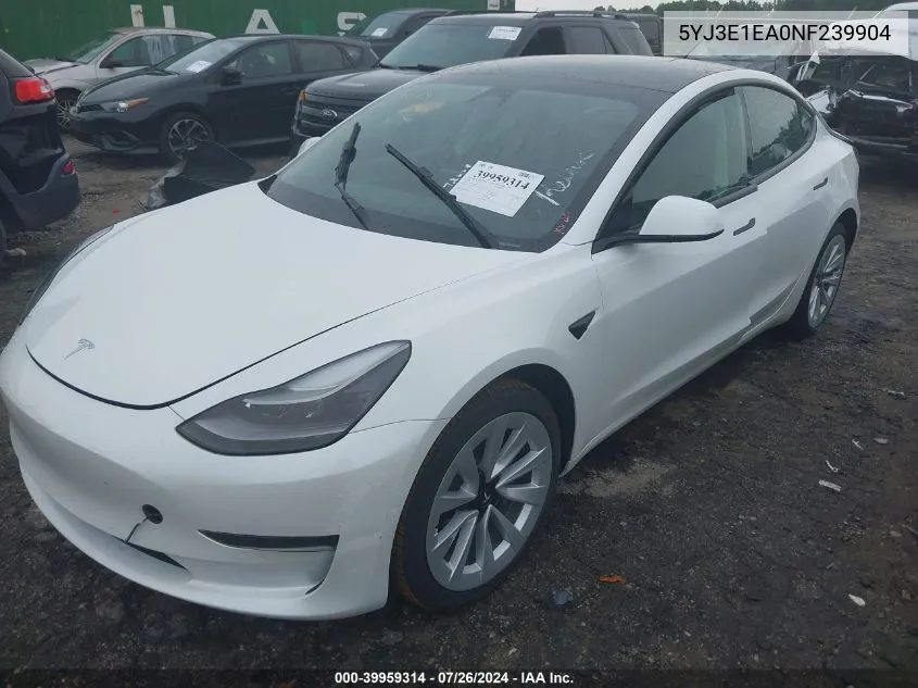 2022 Tesla Model 3 Rear-Wheel Drive VIN: 5YJ3E1EA0NF239904 Lot: 39959314