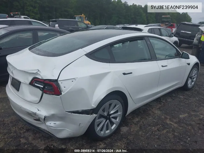 5YJ3E1EA0NF239904 2022 Tesla Model 3 Rear-Wheel Drive