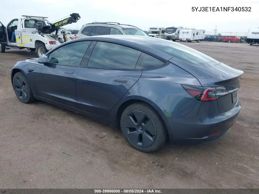 2022 Tesla Model 3 Rear-Wheel Drive VIN: 5YJ3E1EA1NF340532 Lot: 39986000