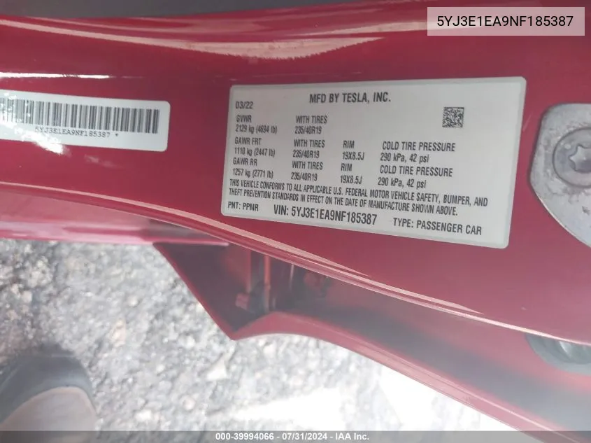 5YJ3E1EA9NF185387 2022 Tesla Model 3 Rear-Wheel Drive