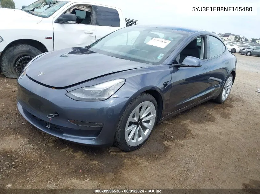 2022 Tesla Model 3 Long Range Dual Motor All-Wheel Drive VIN: 5YJ3E1EB8NF165480 Lot: 39996536