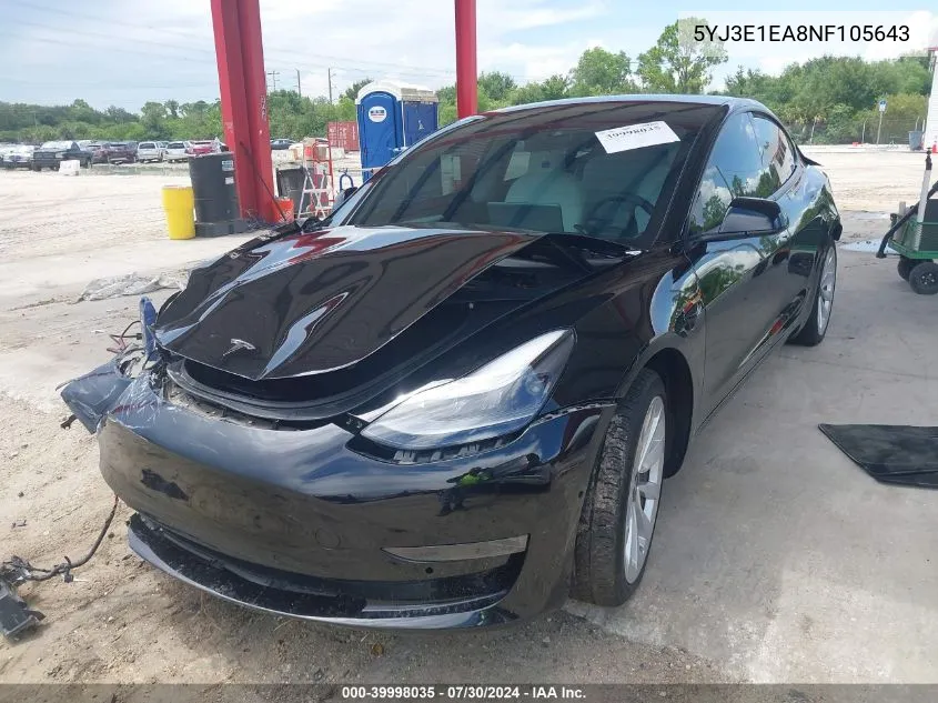 2022 Tesla Model 3 Rear-Wheel Drive VIN: 5YJ3E1EA8NF105643 Lot: 39998035