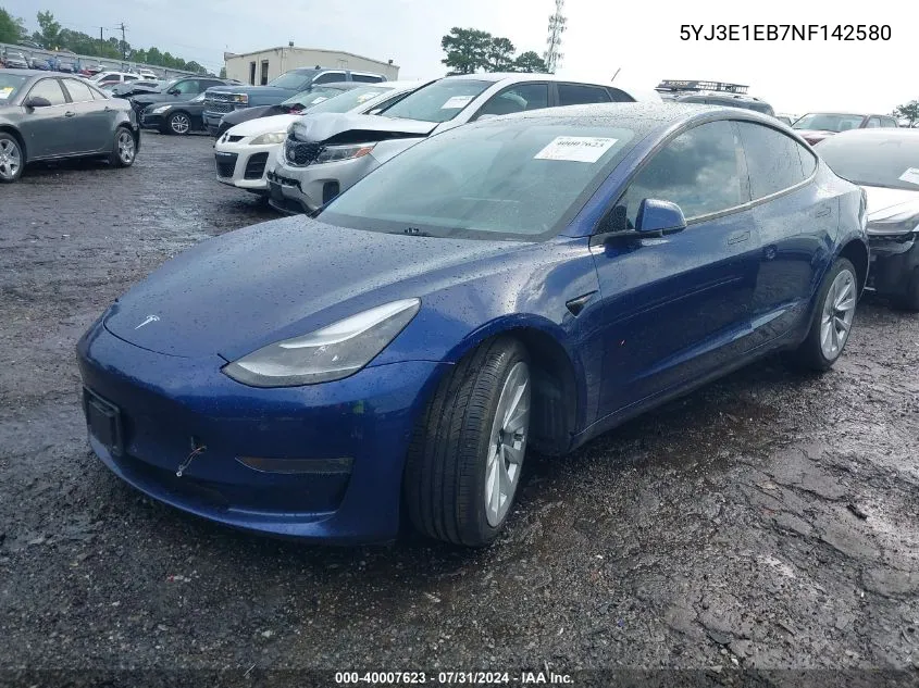 2022 Tesla Model 3 Long Range Dual Motor All-Wheel Drive VIN: 5YJ3E1EB7NF142580 Lot: 40007623