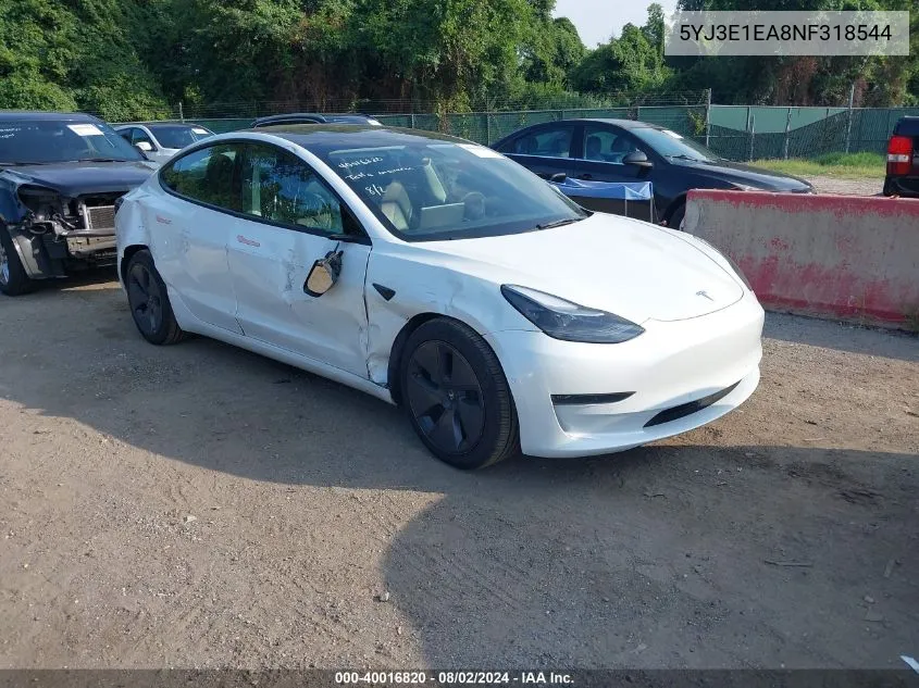 5YJ3E1EA8NF318544 2022 Tesla Model 3 Rear-Wheel Drive