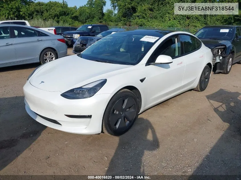 2022 Tesla Model 3 Rear-Wheel Drive VIN: 5YJ3E1EA8NF318544 Lot: 40016820