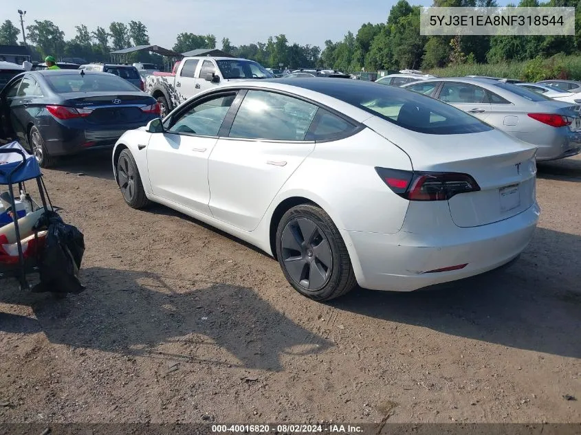 2022 Tesla Model 3 Rear-Wheel Drive VIN: 5YJ3E1EA8NF318544 Lot: 40016820