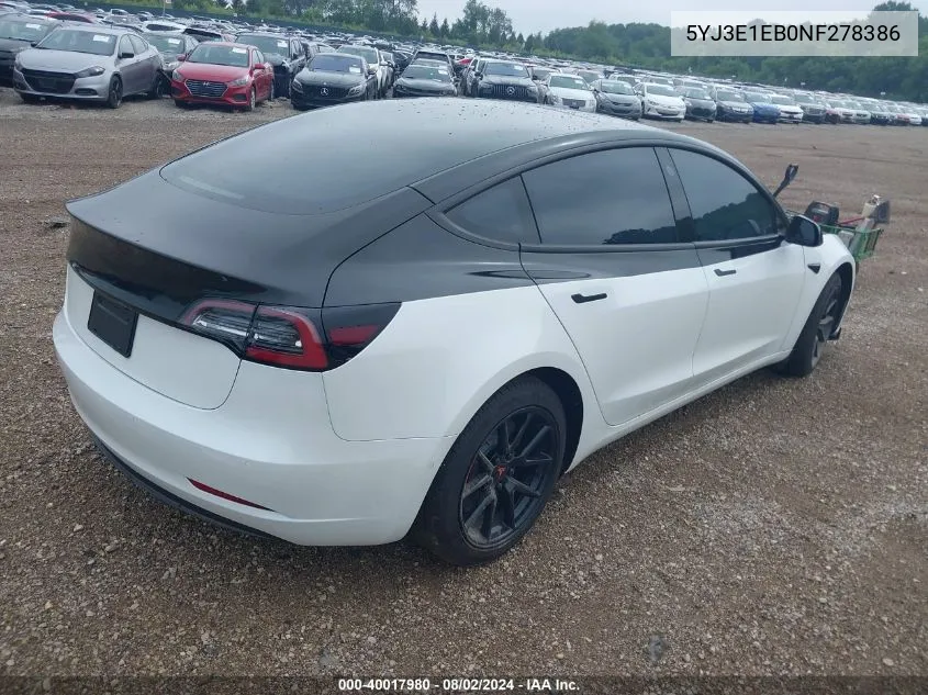 2022 Tesla Model 3 Long Range Dual Motor All-Wheel Drive VIN: 5YJ3E1EB0NF278386 Lot: 40017980