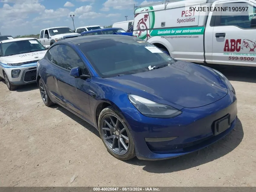 2022 Tesla Model 3 Rear-Wheel Drive VIN: 5YJ3E1EA1NF190597 Lot: 40025047