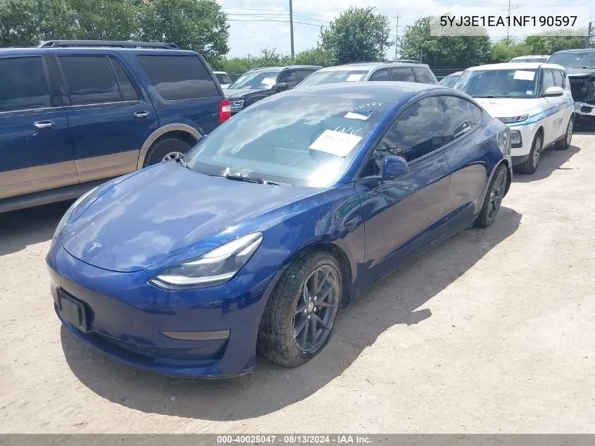 2022 Tesla Model 3 Rear-Wheel Drive VIN: 5YJ3E1EA1NF190597 Lot: 40025047