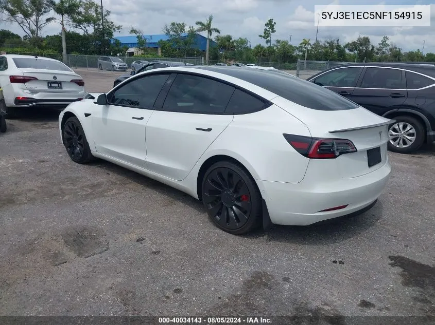 2022 Tesla Model 3 Performance Dual Motor All-Wheel Drive VIN: 5YJ3E1EC5NF154915 Lot: 40034143