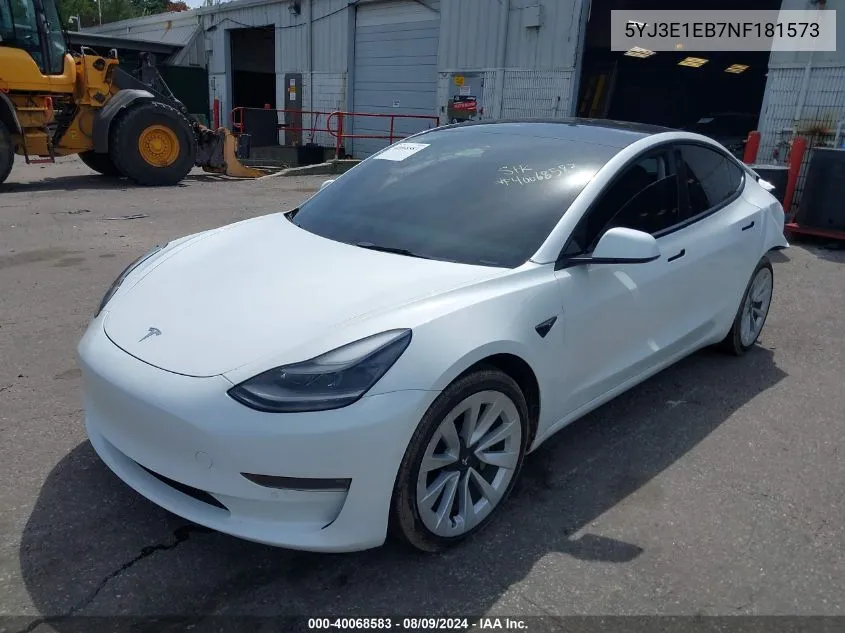 2022 Tesla Model 3 Long Range Dual Motor All-Wheel Drive VIN: 5YJ3E1EB7NF181573 Lot: 40068583