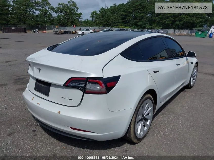 2022 Tesla Model 3 Long Range Dual Motor All-Wheel Drive VIN: 5YJ3E1EB7NF181573 Lot: 40068583