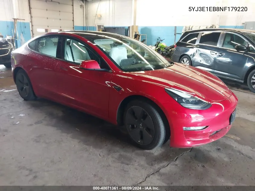 2022 Tesla Model 3 VIN: 5YJ3E1EB8NF179220 Lot: 40071361