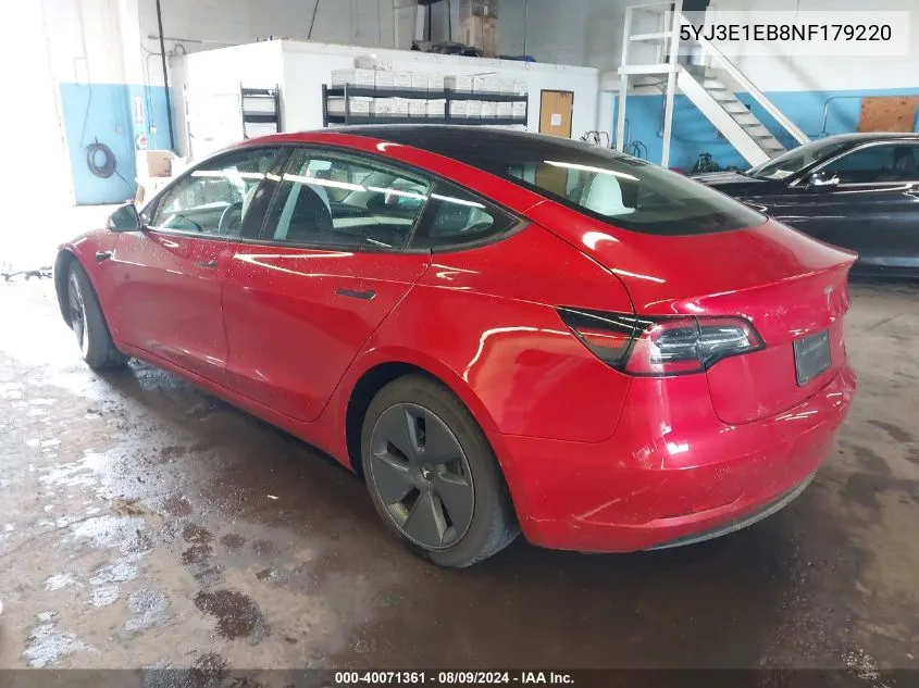 2022 Tesla Model 3 VIN: 5YJ3E1EB8NF179220 Lot: 40071361