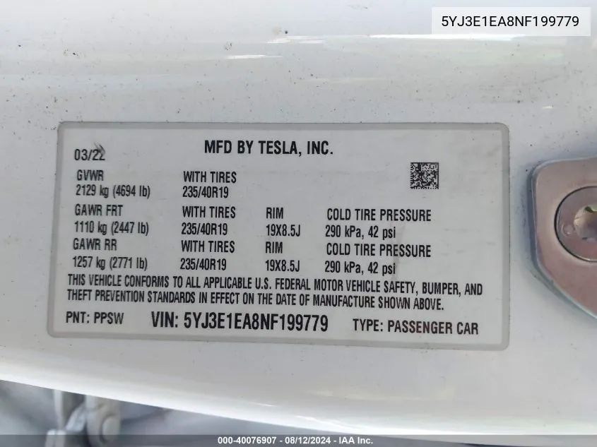 5YJ3E1EA8NF199779 2022 Tesla Model 3 Rear-Wheel Drive