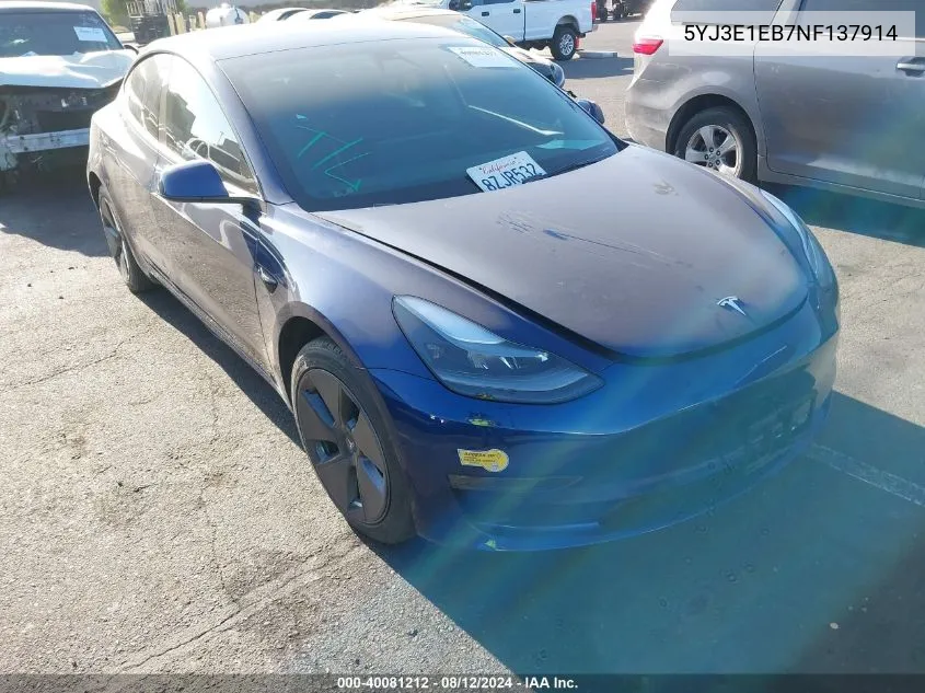 2022 Tesla Model 3 Long Range Dual Motor All-Wheel Drive VIN: 5YJ3E1EB7NF137914 Lot: 40081212