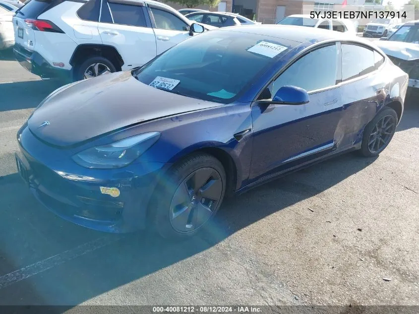 2022 Tesla Model 3 Long Range Dual Motor All-Wheel Drive VIN: 5YJ3E1EB7NF137914 Lot: 40081212