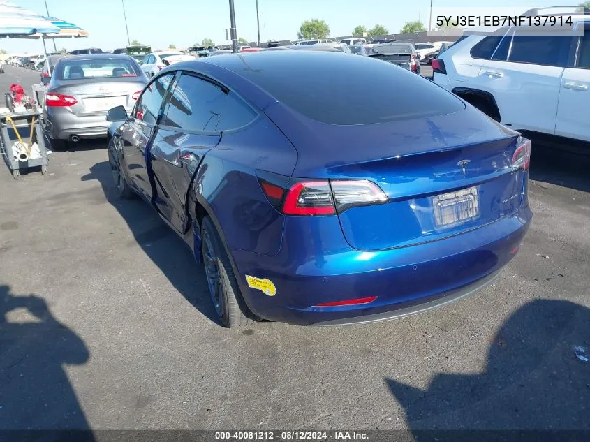 2022 Tesla Model 3 Long Range Dual Motor All-Wheel Drive VIN: 5YJ3E1EB7NF137914 Lot: 40081212